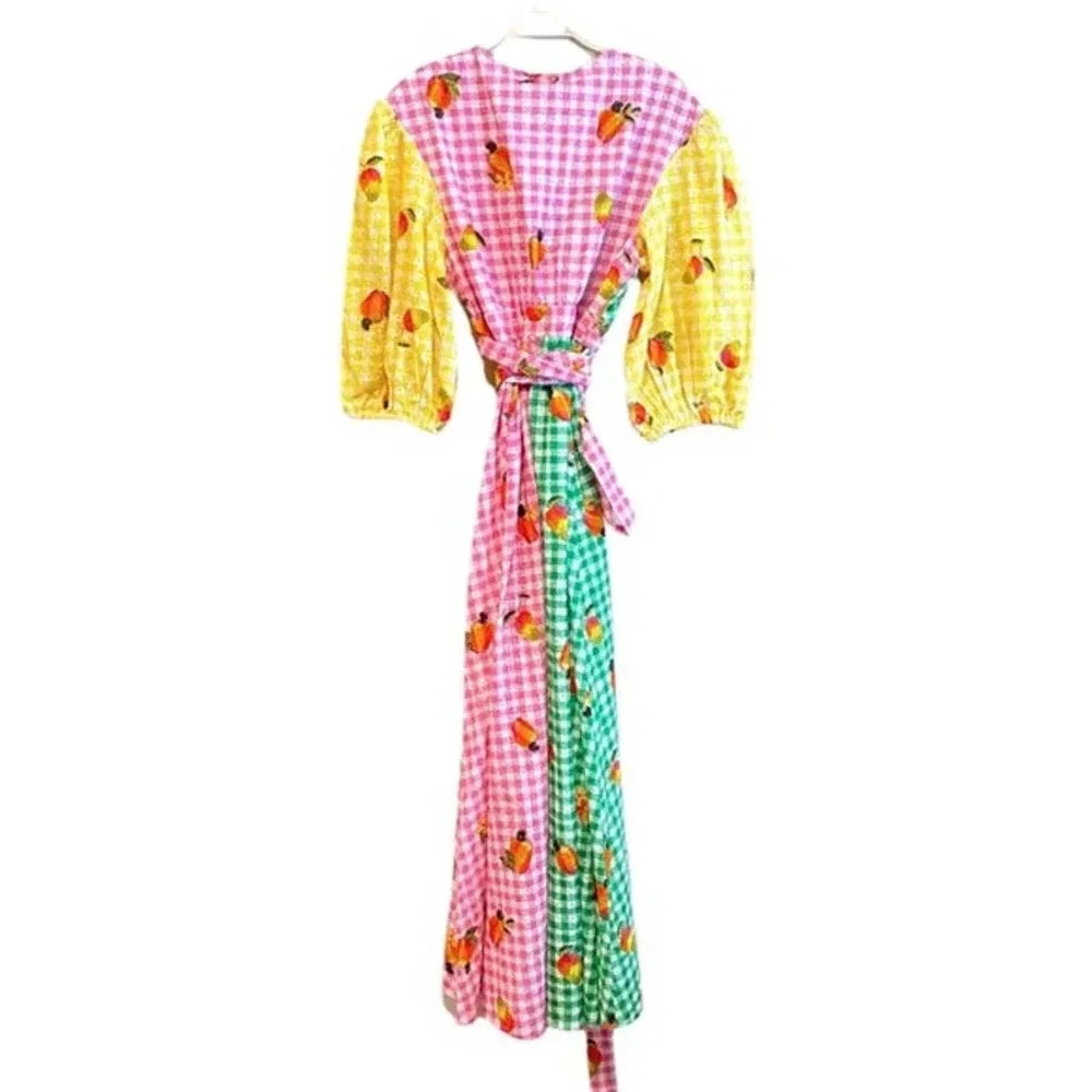 FARM Rio Green Pink Yellow Gingham Maxi Dress with Fruit Print - Picture 8 of 12